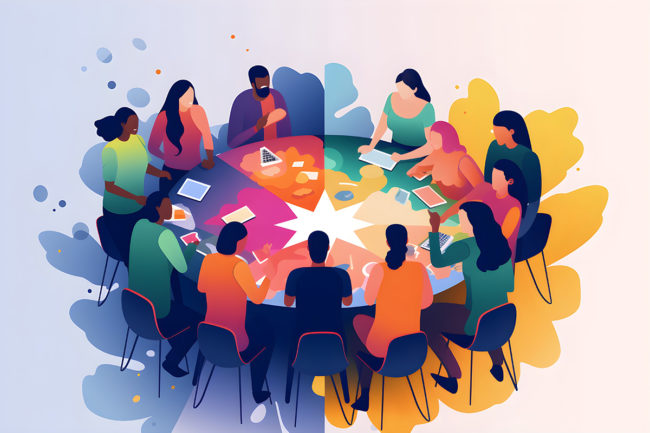 colorful drawing of people sitting at a round table