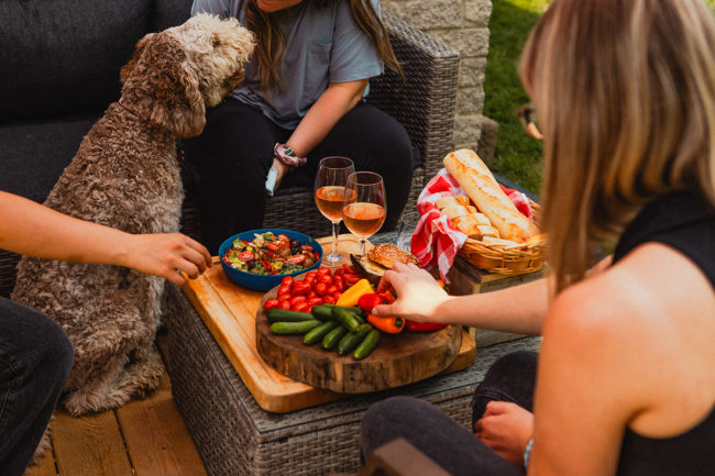 young people sitting down eating a platter of vegetables with a dog and a glass of wine in the background