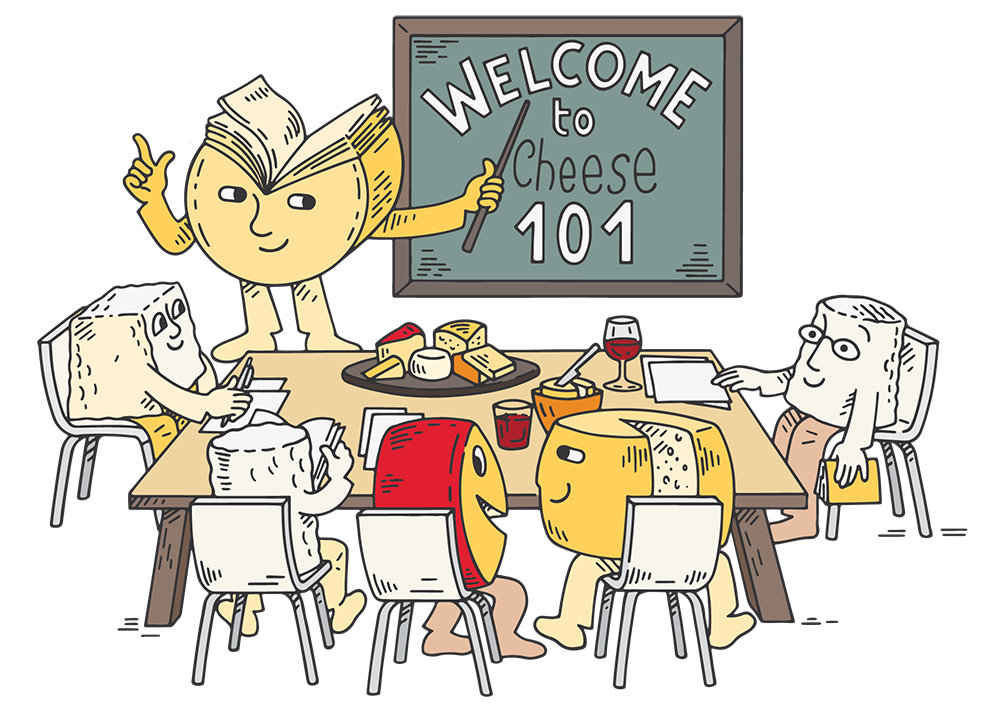drawing of cheeses in a classroom with "welcome to cheese 101" sign