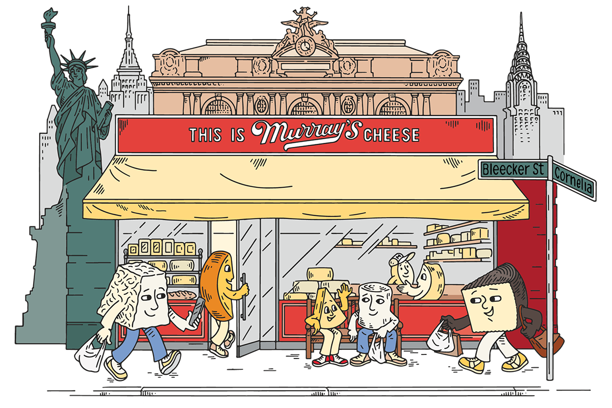 drawing of Murray's Cheese New York storefront with cheeses as shoppers