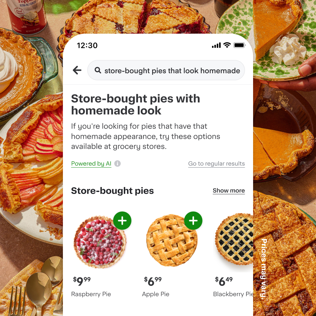 screenshot of Instacart app with search for "store-bought pies that look homeade"