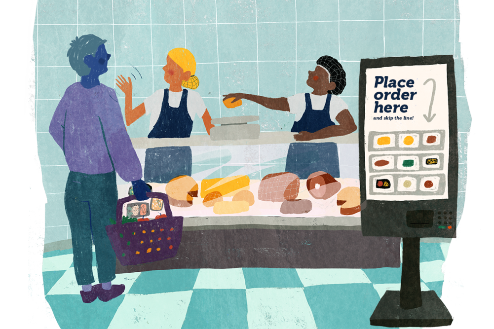 drawing of people at a deli counter with a kisok that says "place order here"