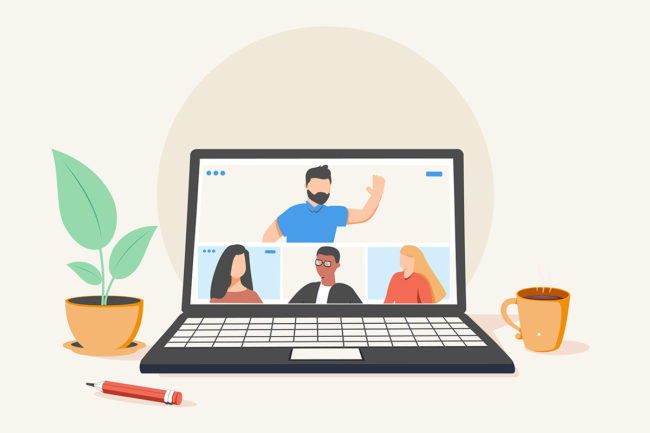 people connecting together, learning and meeting online via teleconference or video conference remote working on laptop computer, work from home and anywhere, flat vector illustration. Web education