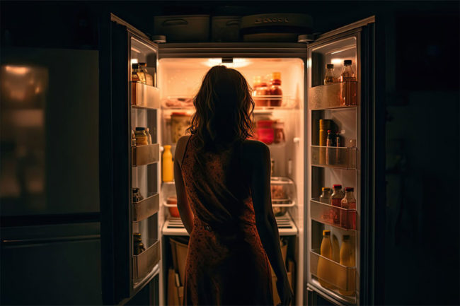 woman opening fridge at night with lights off