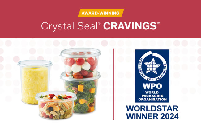 Text: Award-winning Crystal Seal Cravings WorldStar Winner 2024 Image: clear plastic cups with various foods inside