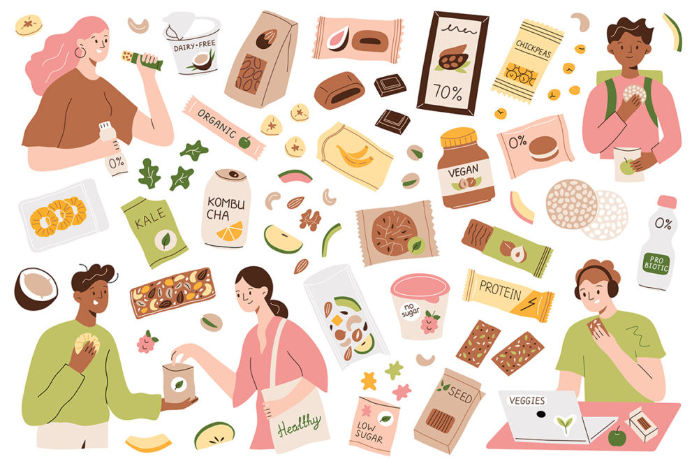 drawings of people with healthy snacks