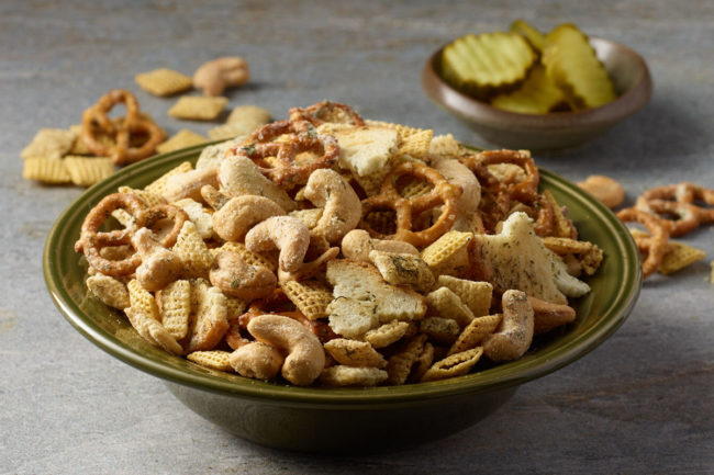 Dill Pickle Cashew Snack Mix in a bowl