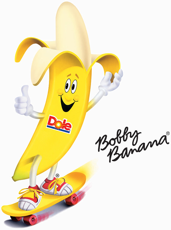 Bobby Banana mascot on a Skateboard