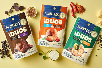 The latest PLANTERS.. Nut Duos product introduction provides the ultimate snack experience ...two nut types combined with two flavors to bring an exciting experience of texture and flavor in one bag.