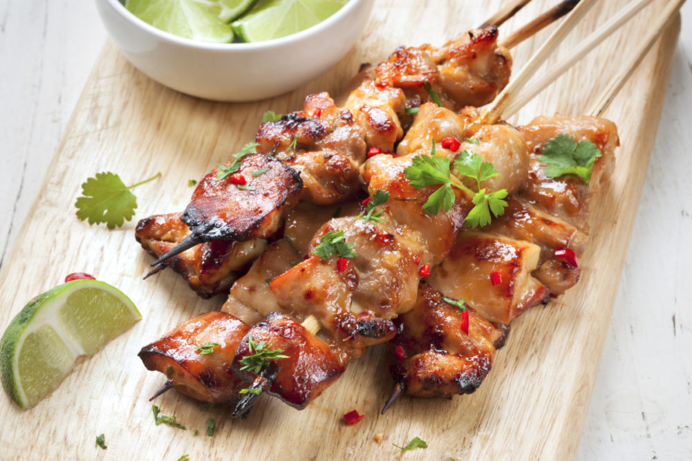 Satay chicken skewers with lime and chili