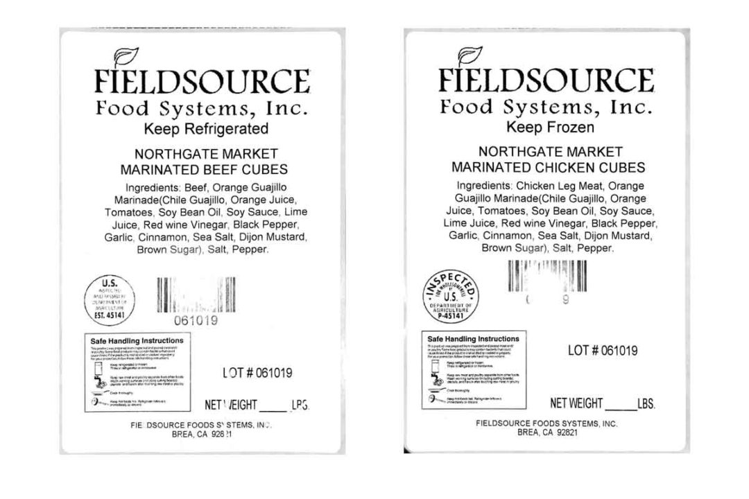 Fieldsource Food Systems Inc. of Brea, California, recalled diced beef and chicken products due to undeclared wheat.